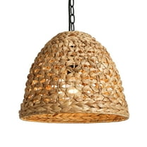 LNC Holophankton Matte Black with Natural Brown Rattan Modern Bell Hanging Pendant Light