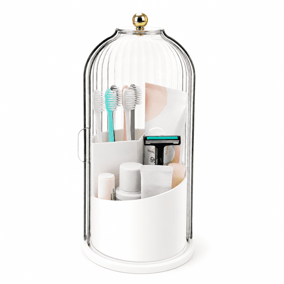 Toothbrush Holder with Sliding Lid, Rotating 3-Slot Bathroom Organizer, Countertop Toothpaste & Makeup Brush Storage Caddy for Vanity Sink Stand