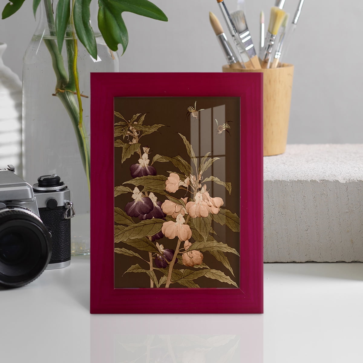 Asian Brocade IV - Framed Print w/glass - Cherry Red