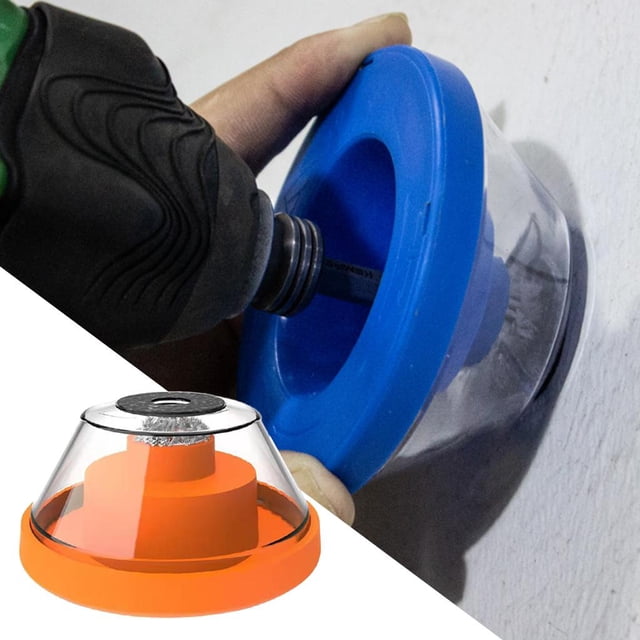 taladro colector de polvo para taladro y martillo eléctrico, diseño en forma accesorio naranja Sharpla. Vista frontal del cuenco con base transparente y borde naranja montado en una broca; tapa desmontable y cepillo interior visible, tamaño 9x5x9 cm, compatible con brocas 4–10 mm, recoge polvo y escombros al perforar yeso, madera, metal y concreto; también suele usarse para mantener el área de trabajo limpia en proyectos de bricolaje doméstico.