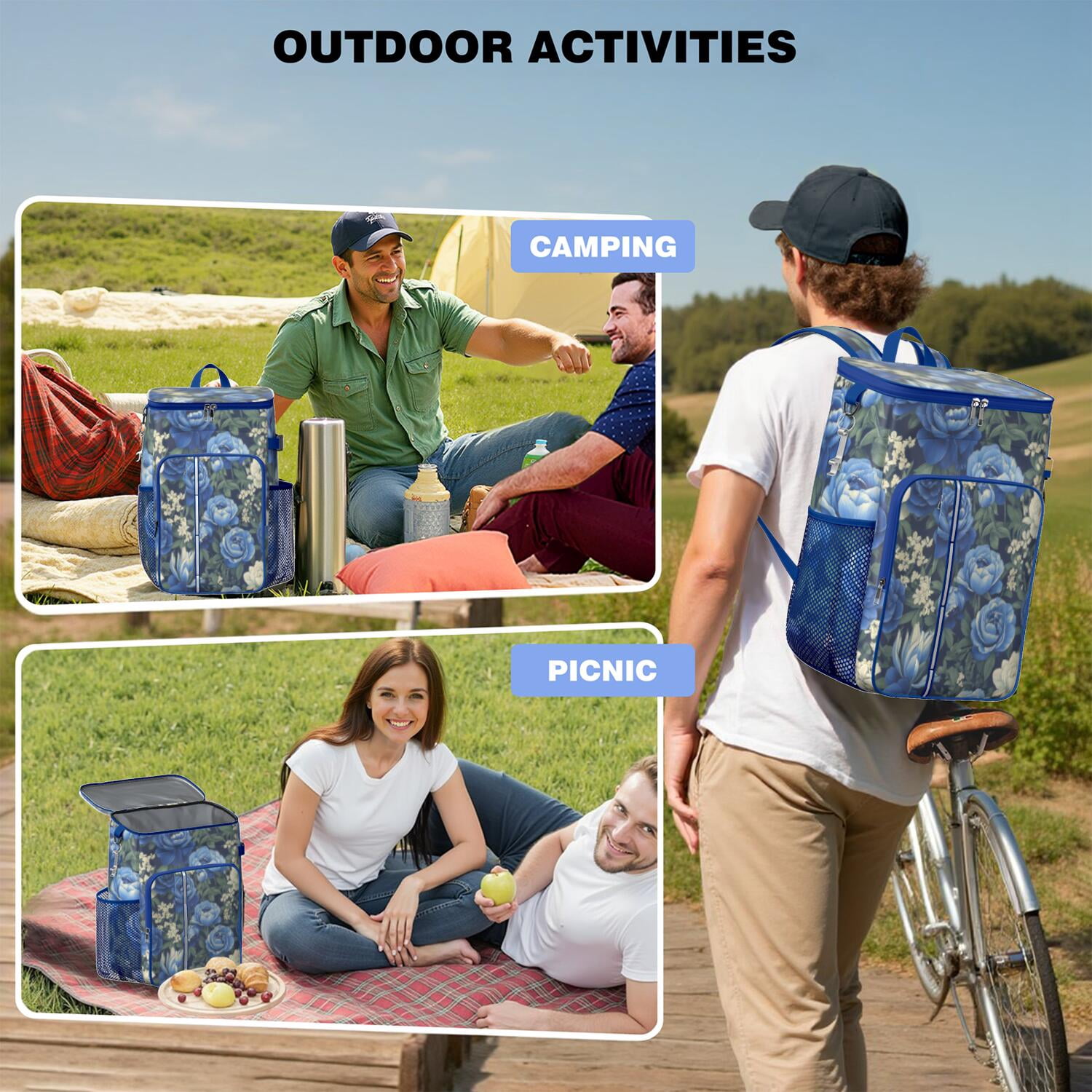 Travel Cooler Bag - Pioneer Flower Floral Print Pattern Camping Beer Cooler Backpack with Bottle Opener- Waterproof Insulated Picnic Backpacks - Cooler Bag for Beach