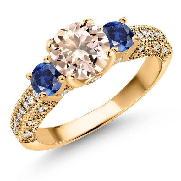 Gem Stone King 18K Yellow Gold Plated Silver Peach Morganite Blue Created Sapphire and White Moissanite Engagement Ring for Women (1.73 Cttw, Gemstone October Birthstone, Round 7MM and 4MM, Size 6)