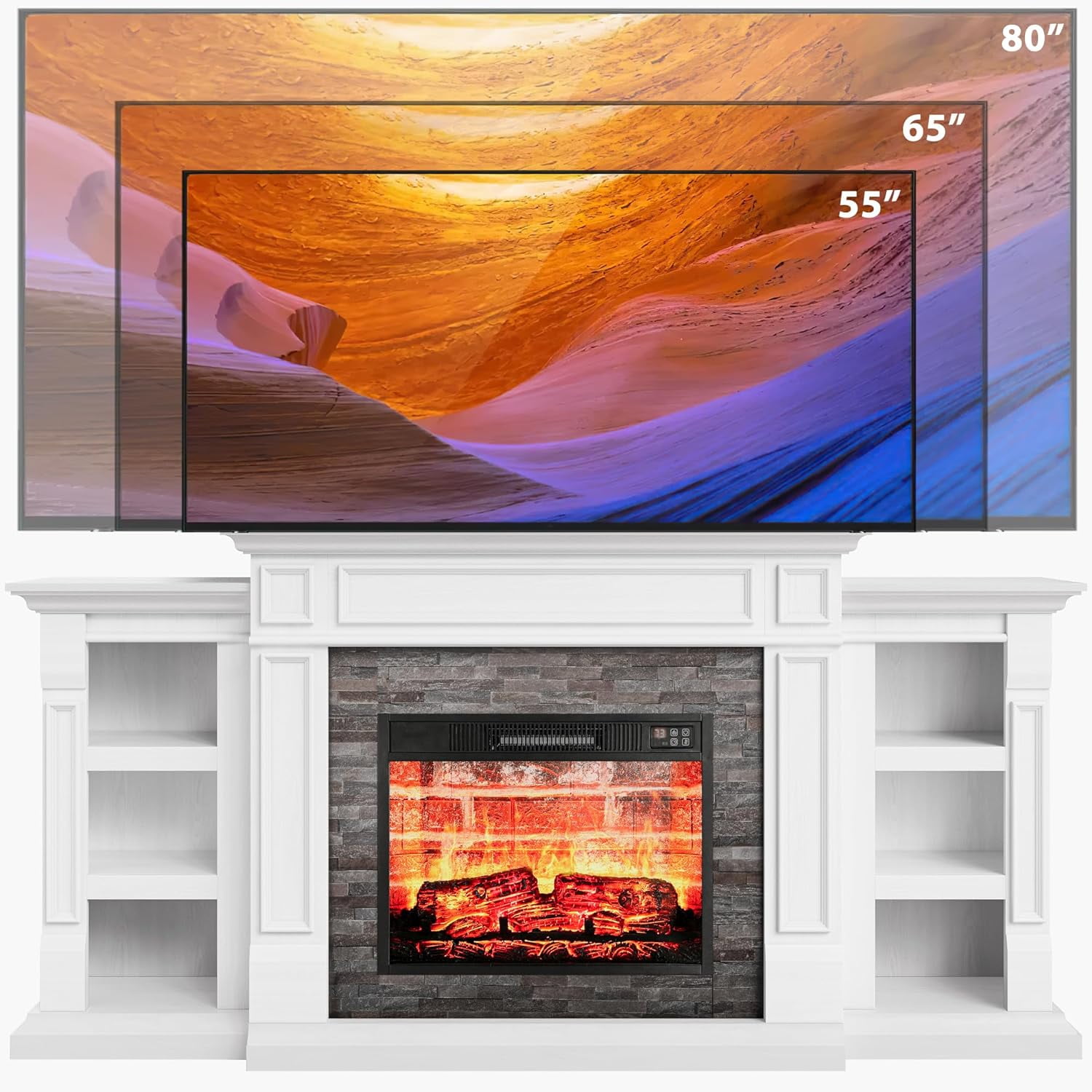 70" White Fireplace Mantel with 23" Electric Fireplace and Bookshelves, Wooden Storage Freestanding Heater with Remote Control