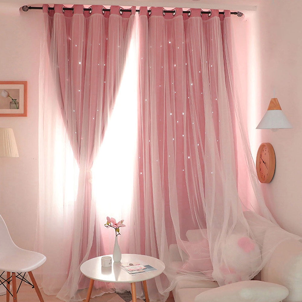 JTWEB 2PCS Blackout Curtains Grommets Princess Star Hollowed Window Curtains for Girls Kids Room Living Room, Bedroom, Window Decor Light Blocking Voile Pink 39“*63“