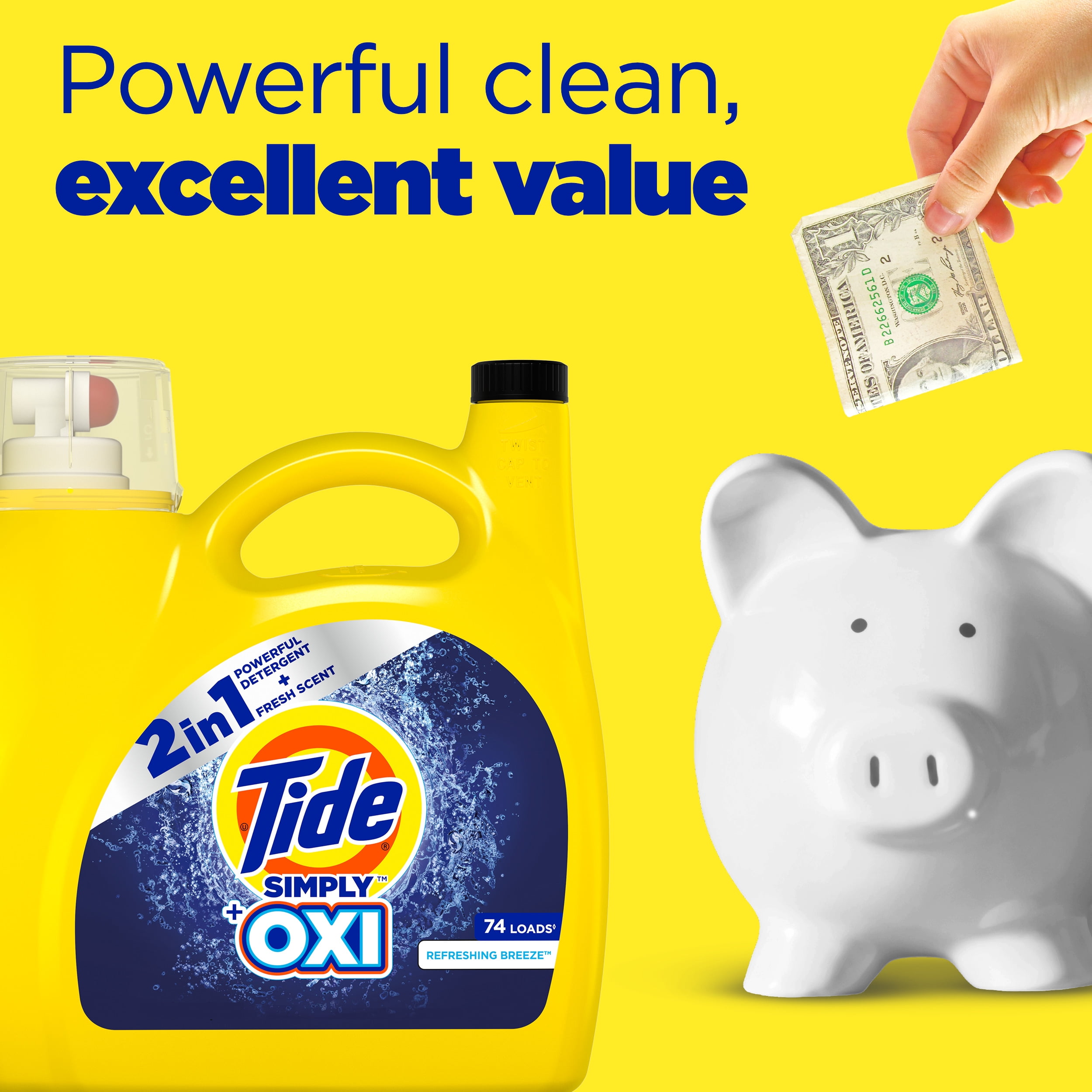 Tide Simply + Oxi Liquid Laundry Detergent, Refreshing Breeze, 107 Loads, 165 fl oz