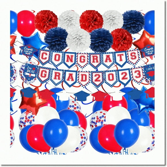 "Class of '23 Celebration Kit" - Décorations de Fête de Remise des Diplômes Rouge, Bleu et Blanc avec Bannière Félicitations, Pompons en Papier et Ballons. Parfait pour Votre Fête de Remise des Diplômes 2023!