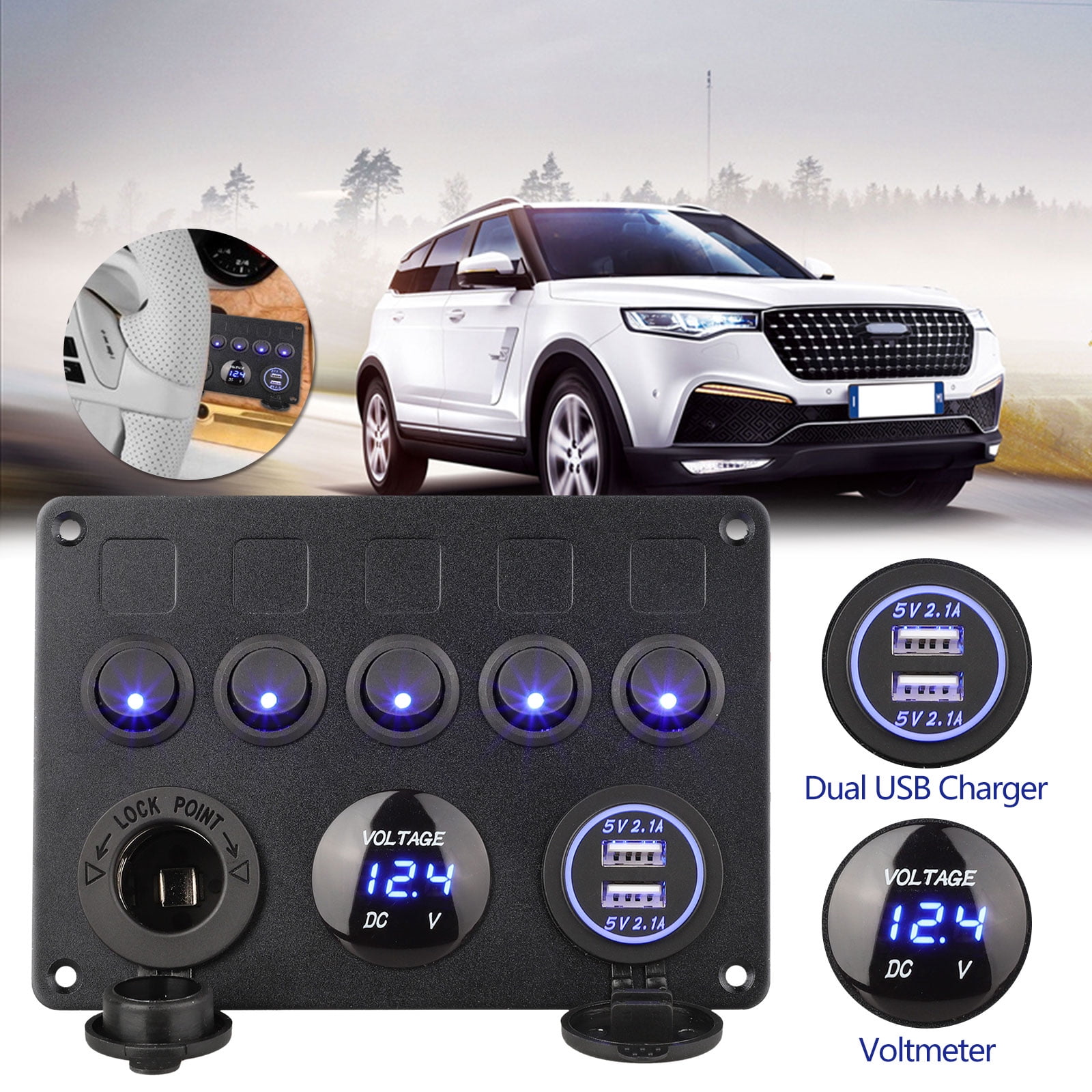 12//24V 4 Gang Rocker Switch Panel LED 2 USB On-Off For Marine RV Car Boat Camper
