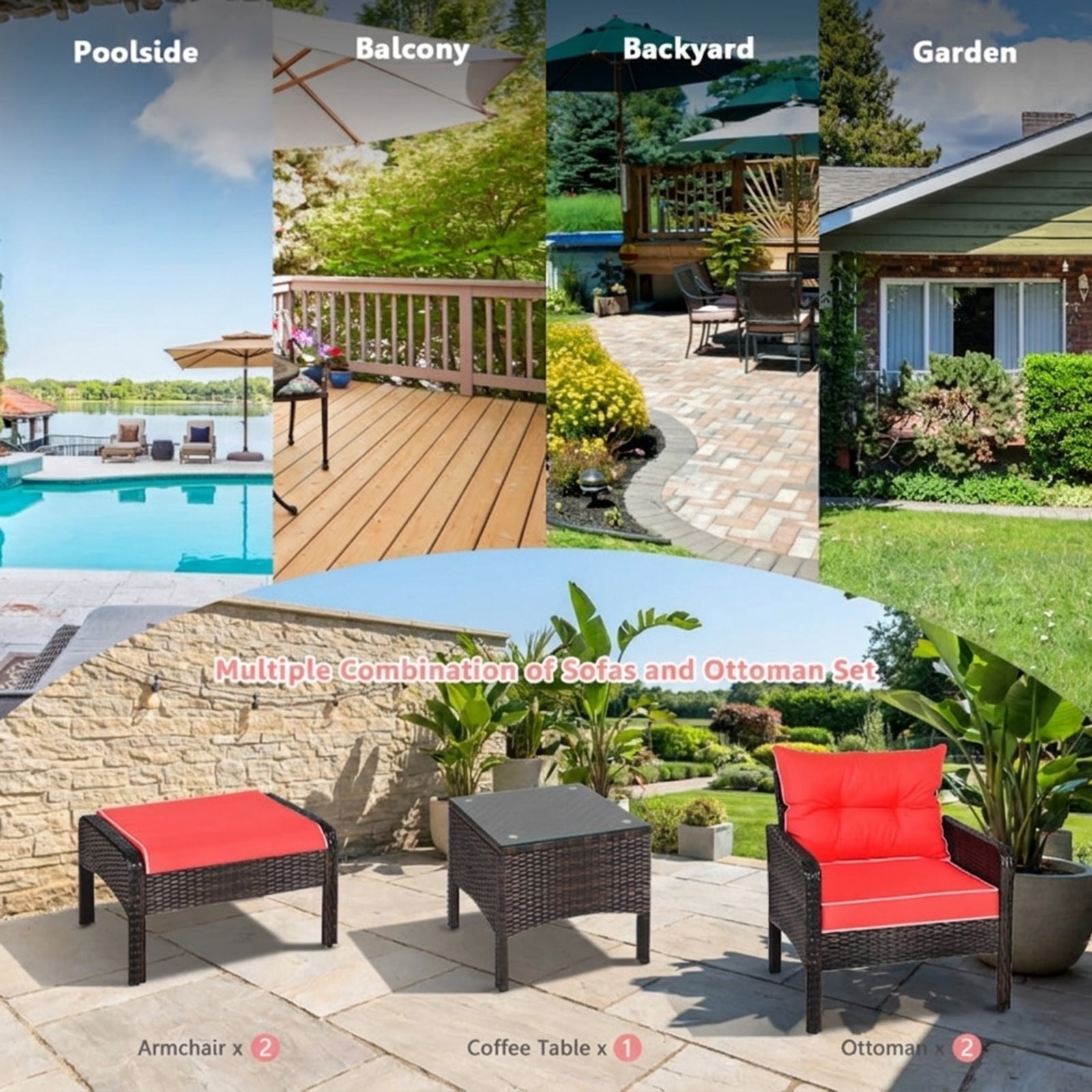 Biotree 5 Piece Patio Rattan Sofa Ottoman Set outdoor conversation set with cushions and glass side table for garden backyard and porch, Red