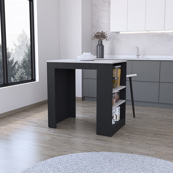 Kitchen Island , Black Color, Practical For Work And Meal Preparation, Three Side Shelves Finish, Versatile Tabletop With Different Uses