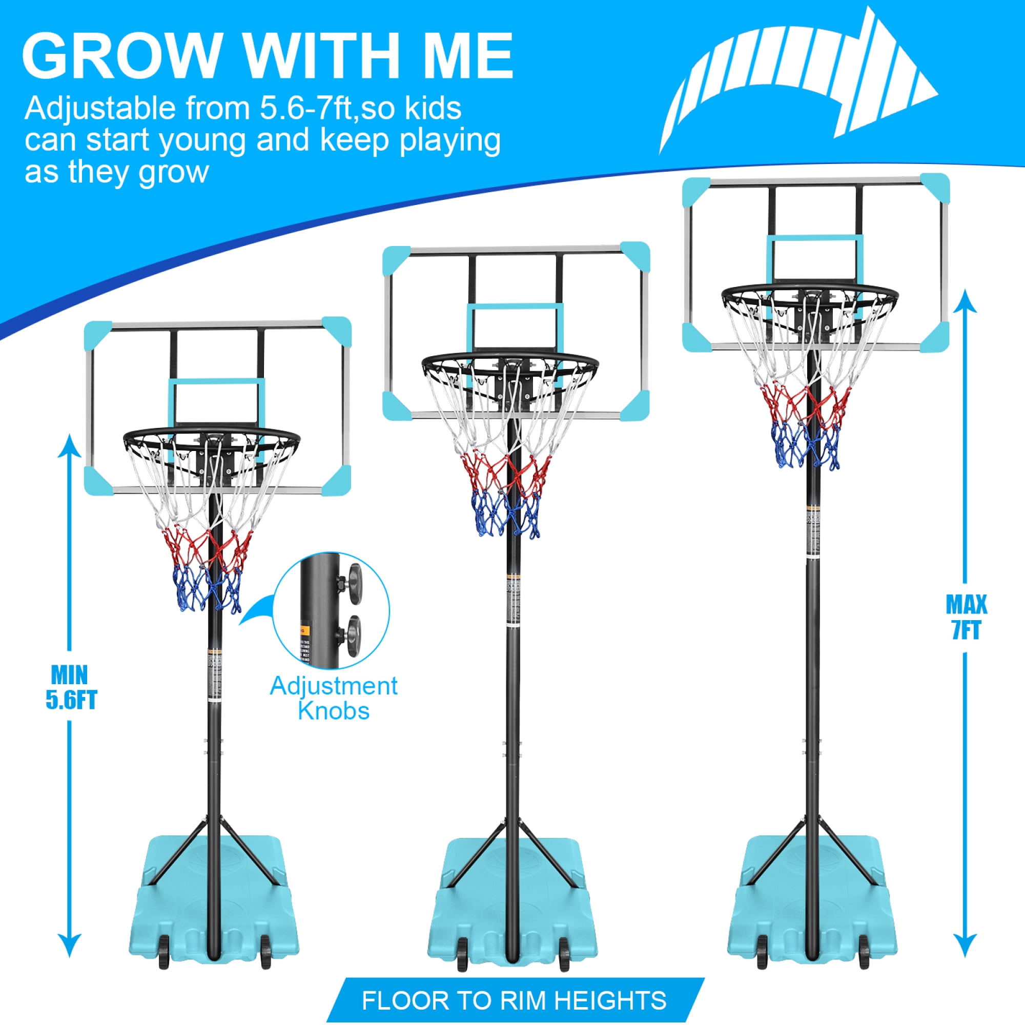 Portable Basketball Hoop,Outdoor Basketball Hoop Adjustable Height 5.6ft - 7ft,28 Inch Backboard with 2 Wheels for Kids Youth in Backyard Driveway,Blue