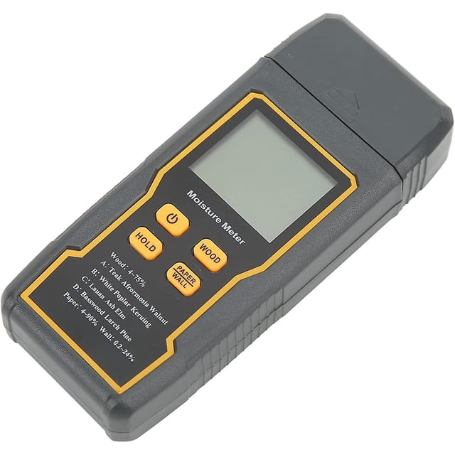 detector de humedad de pared, medidor de humedad de alta precisión, prueba de humedad tipo pin, 4 modos, para materiales de construcción; vista 3/4 frontal del medidor portátil color PJIAN-4330 con carcasa gris y bordes amarillos, pantalla LCD grande con retroiluminación (apagada), botones HOLD/WOOD/PAPER·WALL y texto de rangos de humedad en el frente; mide contenido de humedad en madera, papel y paredes, económico y portátil, adecuado para obra y mantenimiento doméstico, a menudo usado para revisar piso de leña antes de instalación.
