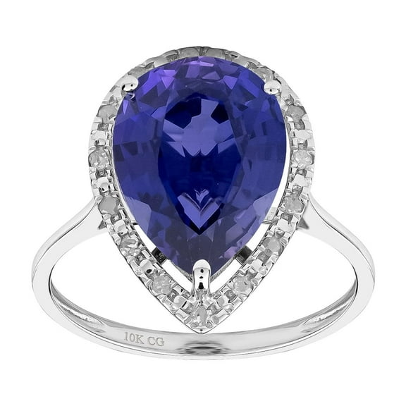10k White Solid Gold Large Pear-Shape Created Tanzanite and Natural Diamond Halo Birthstone Engagement Ring