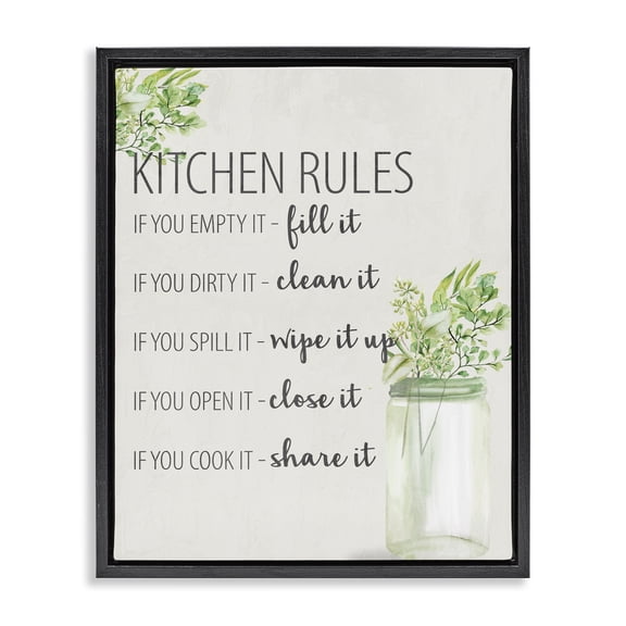 Stupell Industries Cottage Kitchen Rules Share It Black Floating Frame Canvas Art, 17 x 21, by Kim Allen