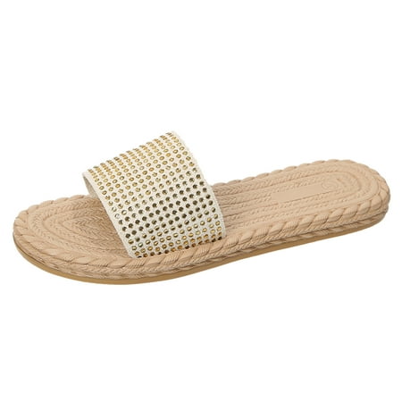 

PEASKJP Women Sandals Wide Width Womens Summer Beach Rhinestone Flat Dress Sandals Comfortable Gladiator Bohemia Slip On Flat Sandals Shoes (Beige 7)