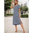 thumbnail image 4 of Navy And White Striped Short Sleeve Midi Dress With Side Slit Casual Womens Dress, 4 of 4