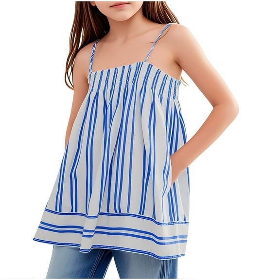 Mgmyaa Girls' Spaghetti Straps Tank Tops Sleeveless Color-Blocked Striped Pleated Tank Top