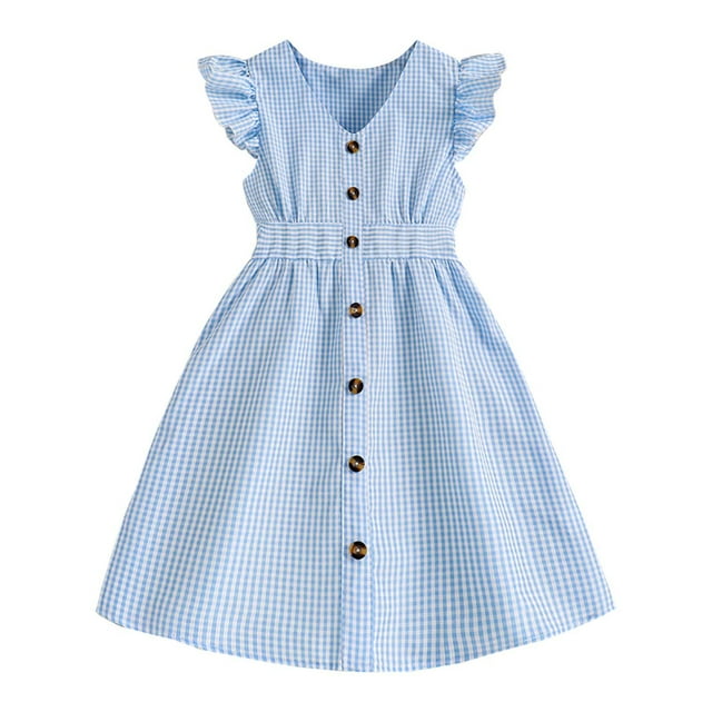 GDREDA Robes Bohèmes pour Filles Robe d'Été pour Tout-Petits avec Manches à Volants Robe à Carreaux avec Boutons pour Enfants Bleu, 11-12 Ans