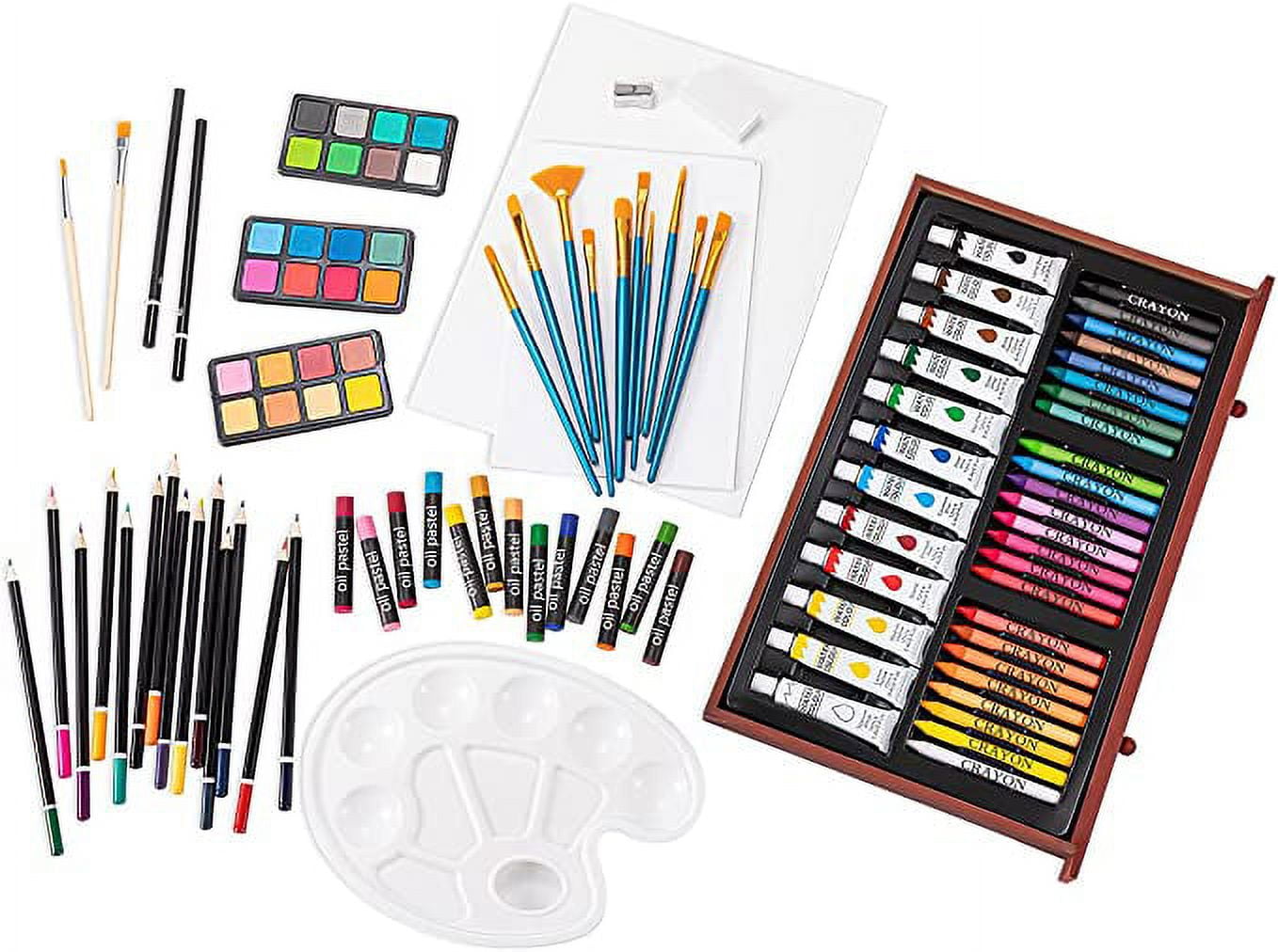 Art Supplies, 129 Piece Art Kit for Beginners, Teens, Adults in Painting, Coloring, Sketching, Great Art Set in Portable Wooden Case with Crayons, Colored Pencils, Oil Pastels, Watercolor Pens (GIFT)