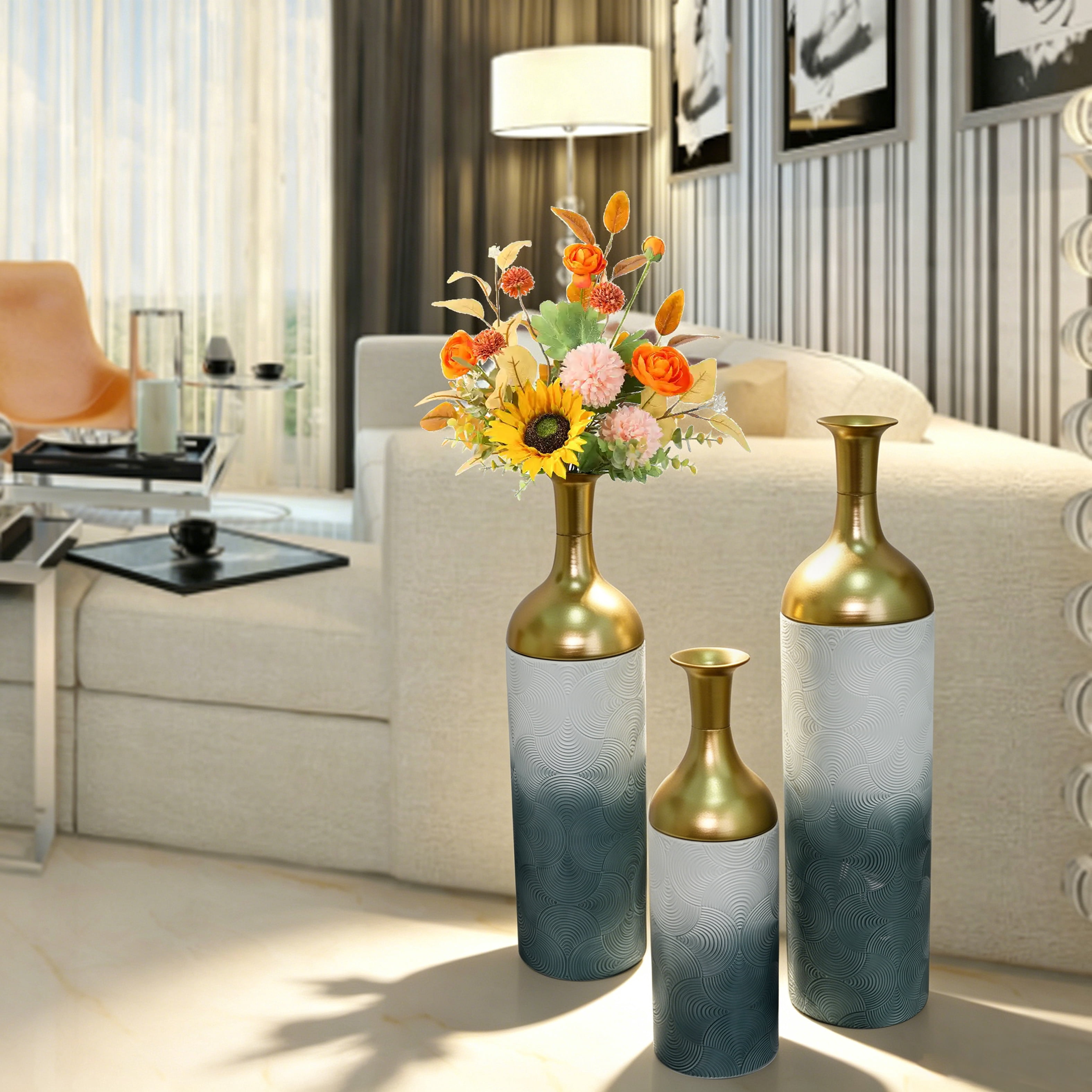 Metal Floor Vases Set of 3 with Leaf Pattern, Tall Decorative Vases and Home Decor Accents for Living Room Entryway, Antique Grey and White