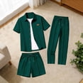 thumbnail image 4 of Eryao Big and Tall Matching Beach Set Men 3 Piece Waffle Knit Short Sleeve Button Down Shirts Matching Pants and Shorts with Pockets Casual Color Block Lounge Sets,Army Green,S, 4 of 6