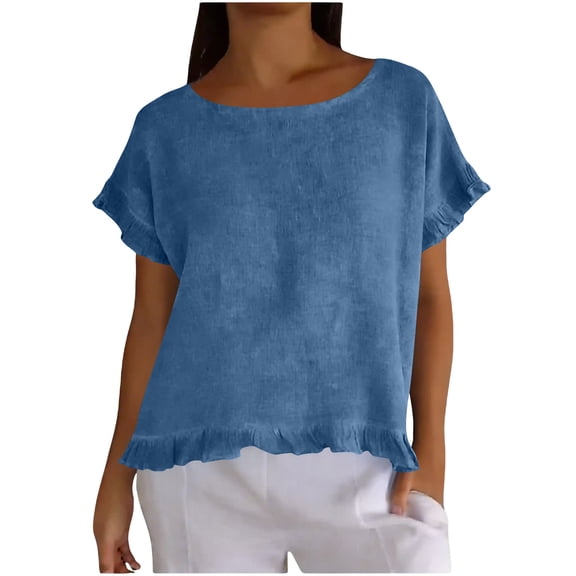 FDGIU 2026 Summer Women's Round Neck Ruffle Trim Linen Blend Blouse, Short Sleeve Loose Fit Casual Top