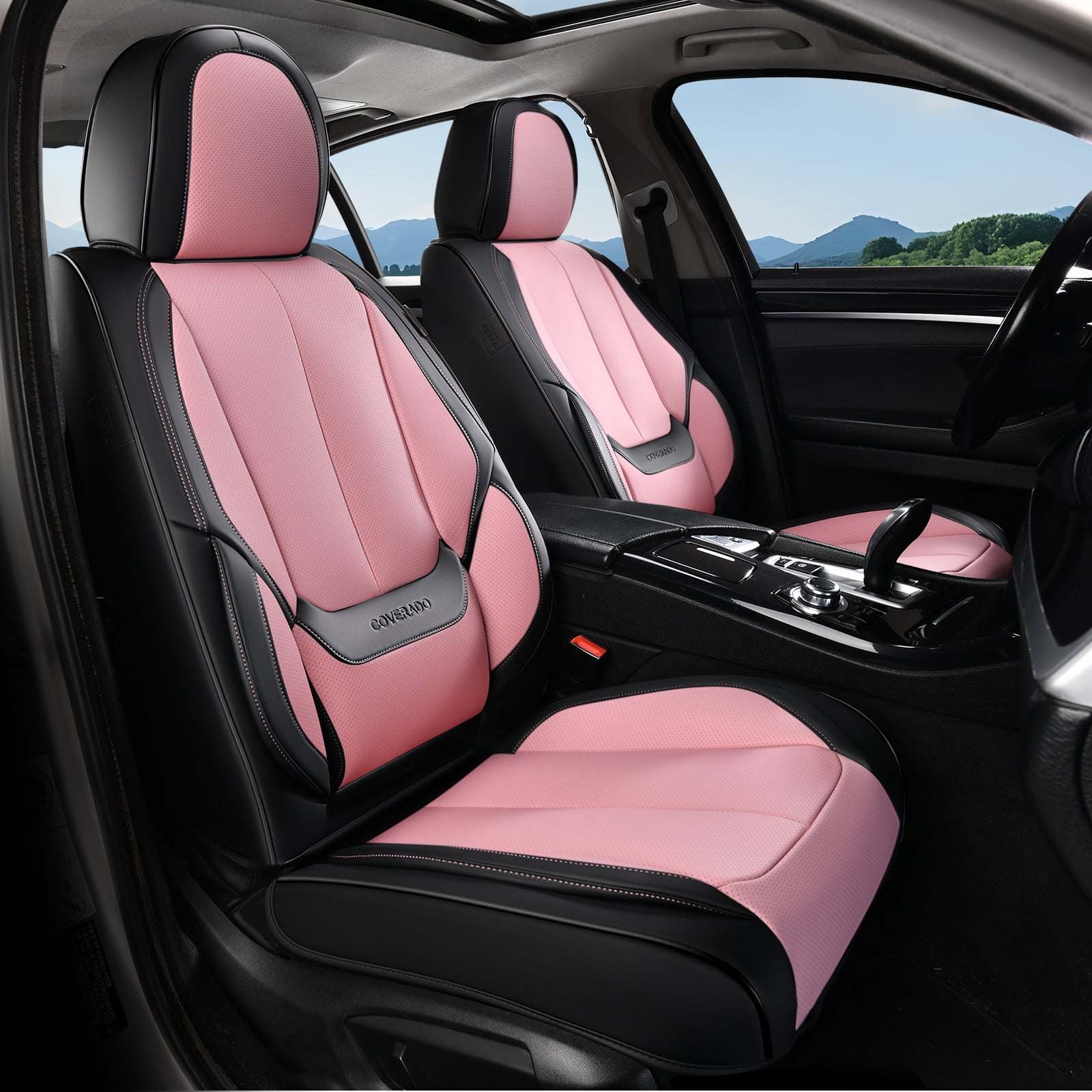 Coverado Black&Pink Car Seat Covers Full Set, Waterproof Premium Leather Front and Back Seat Protectors, Luxury Auto Interior Accessories, Universal Fit Most Cars Sedan SUVs Pick-up Trucks