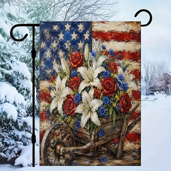 RKSupls Patriotic Linen Double Sided Garden Flag, Independence Day Themed Yard Decor, Wheelbarrow Lily Rose Flag Bouquet Outdoor Banner for Holiday Lawn