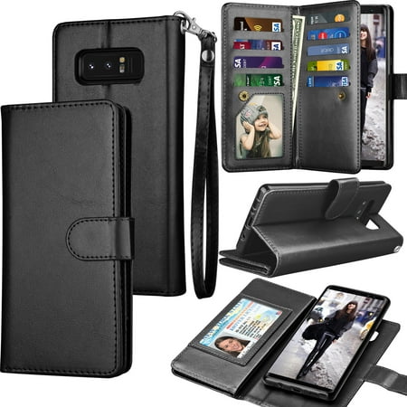 Galaxy Note 8 Case, Note 8 Wallet Case, Samsung Galaxy Note 8 PU Leather Case, Tekcoo Luxury Cash Credit Card Slots Holder Carrying Flip Cover [Detachable Magnetic Hard Case] & Kickstand - Black