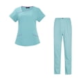thumbnail image 4 of Conjuntos de uniforme médico para mujer, uniforme de enfermera de verano, manga corta, top y pantalones suaves. Azul claro medio, 4 of 9