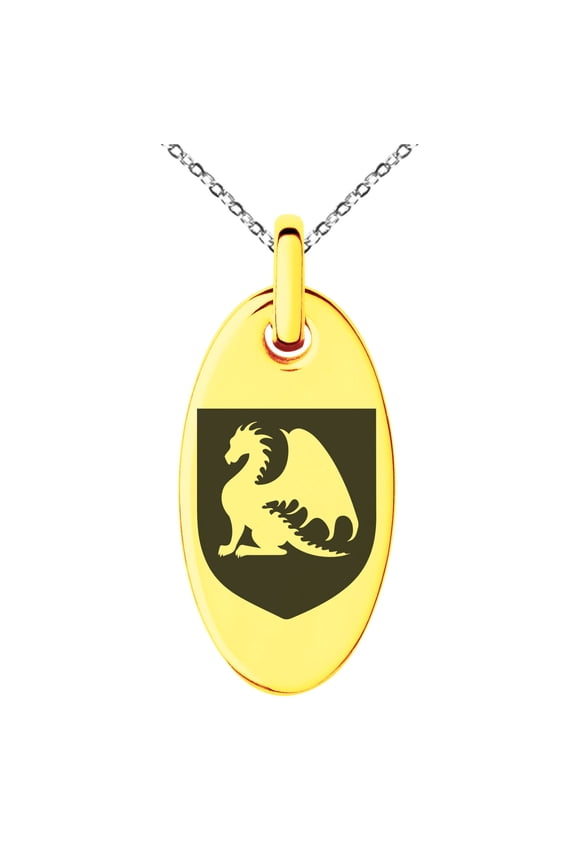 Stainless Steel Dragon Guardian Coat of Arms Shield Engraved Small Oval Charm Pendant Necklace