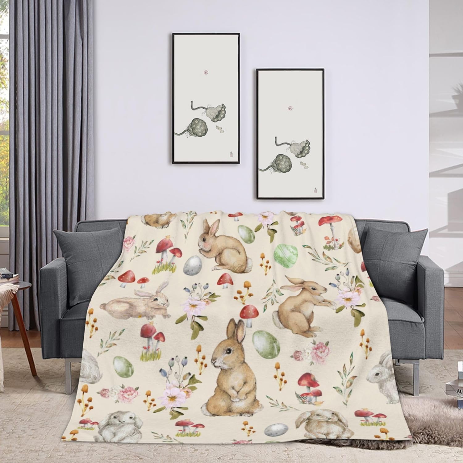 Luxury Plush Easter Blanket Cute Bunny Easter Egg Flower Leaves Throw Blanket for Couch,Lightweight Soft and Warm Throws Blankets for Sofa Bed Living Room in Spring 60"x80"