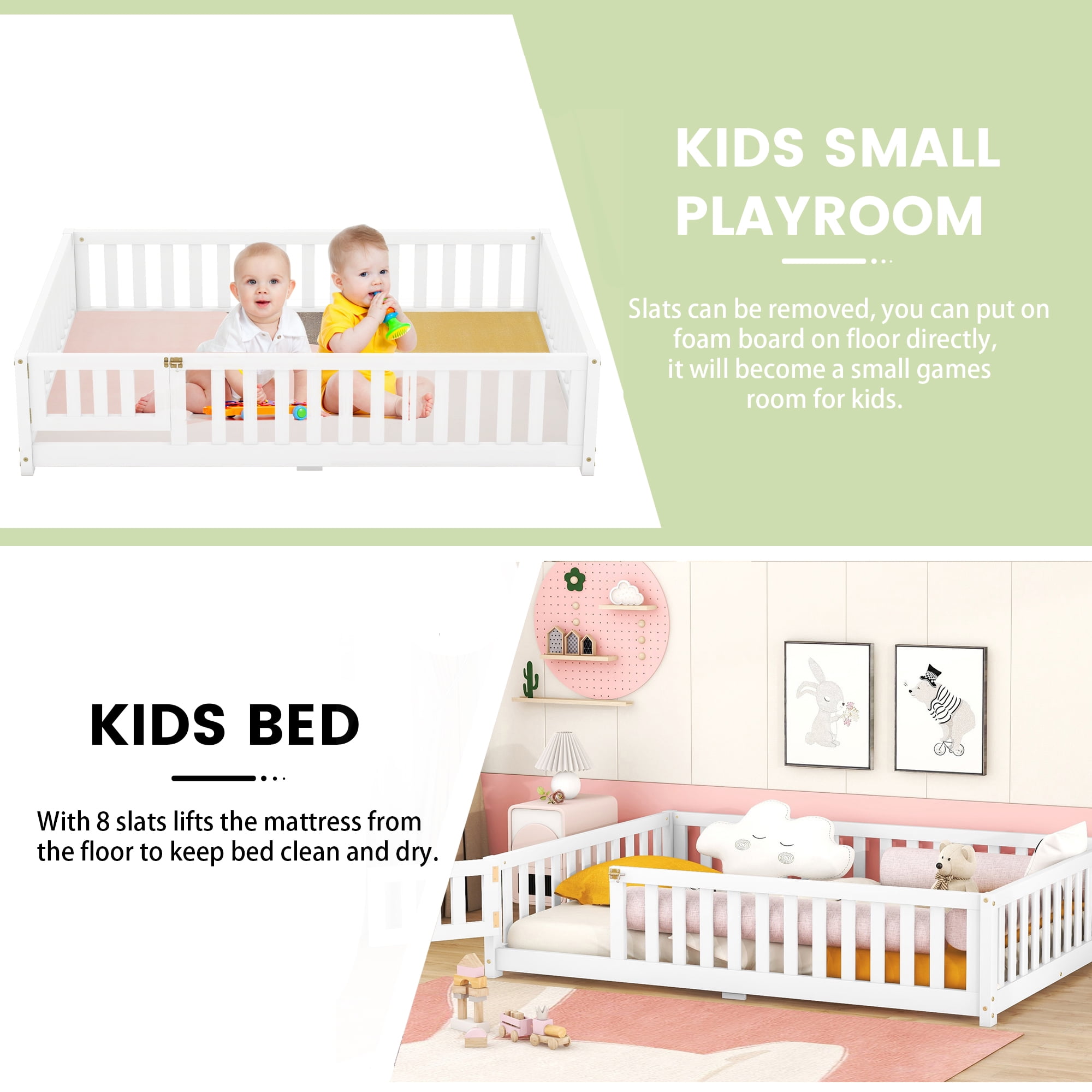 DEALTOPS Full Size Floor Bed with Safety Guardrails and Door Montessori Wood Bed Frame for Kids, White