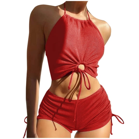 CLOISE Swimsuits for Women Bikini 2 Piece Swimwear with Shorts Full Coverage Halter Neck Bow with Adjustable Straps Solid Bathing Suit Backless Beachwear