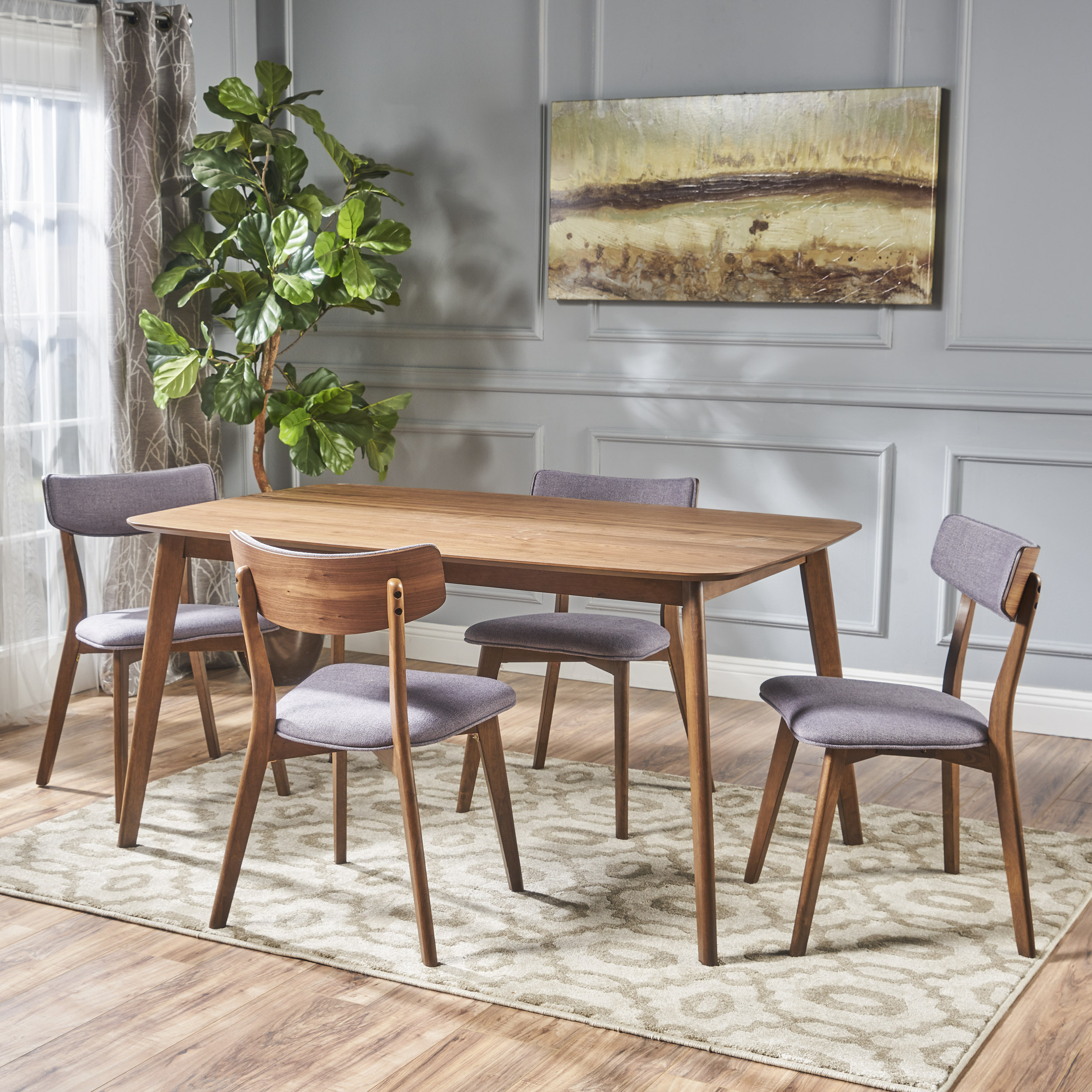 Noble House Lucca Indoor Mid Century Natural Walnut Wood Dark Grey 5 Piece Dining Set