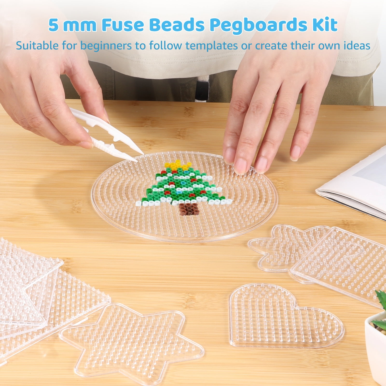 45 Pcs Fuse Bead Pegboards Set,5mm Craft Bead Boards with 39 Pattern Cards & 6 Tweezers,Creative Activity Kit,DIY Arts and Crafts Supplies