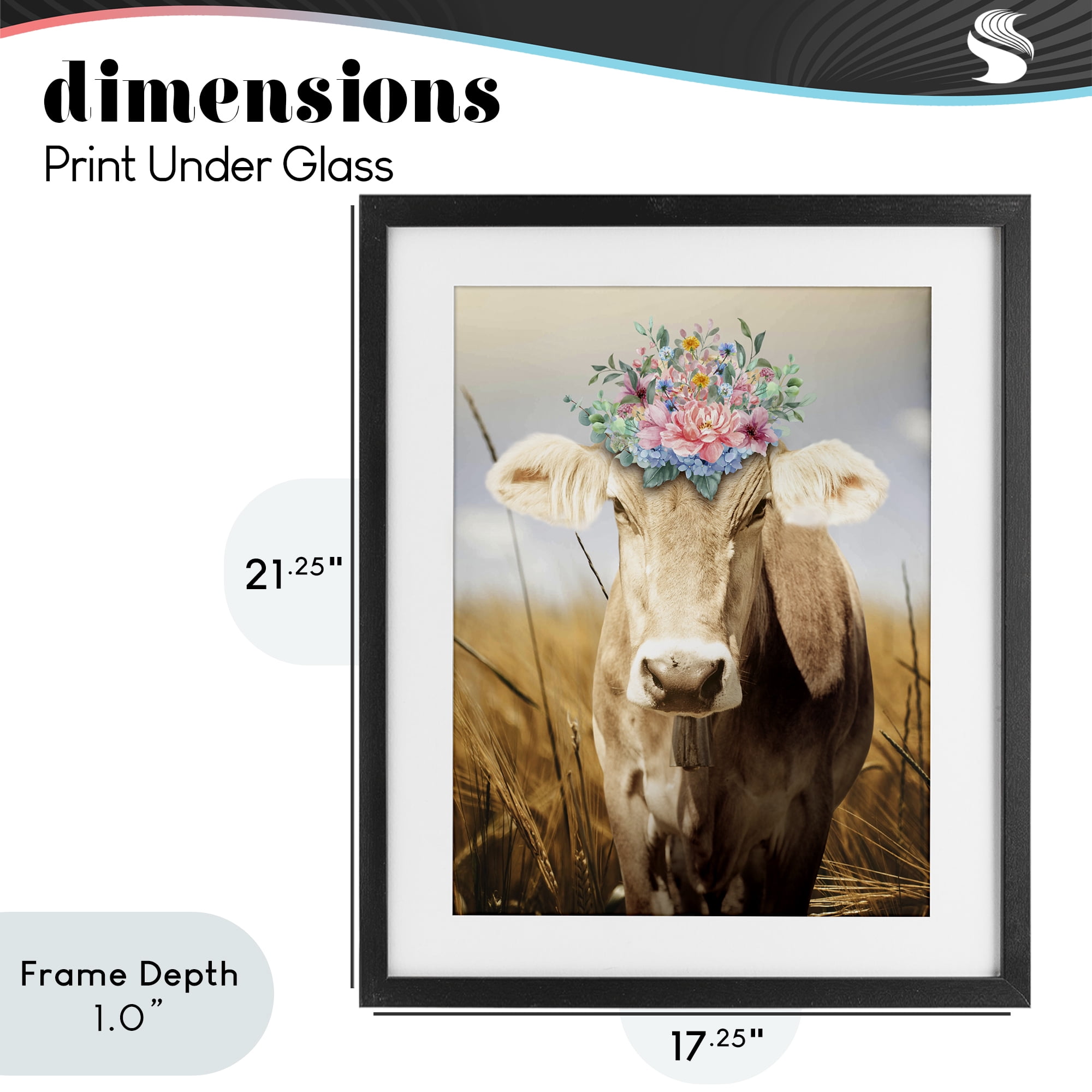 Stupell Industries Chatty Belle Cow with Florals Black Framed Print Under Glass, design by Marcus Prime
