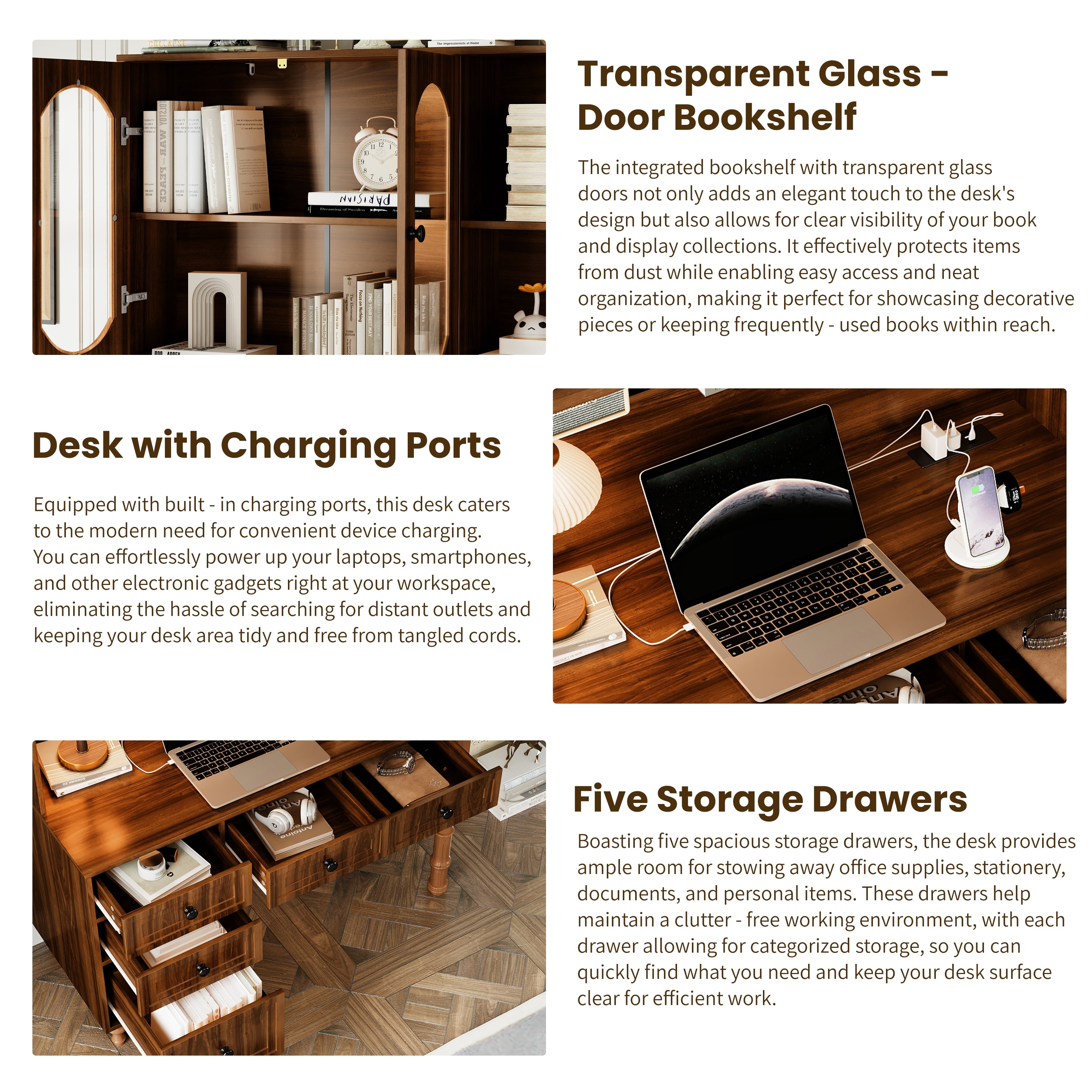 Yoneston 47" Retro Bookcase Desk with Charging Ports and Hutch Cabinet & 5 Drawers, Computer Desk for Home Office Bedroom, Walnut
