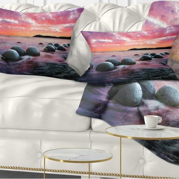 Designart Moeraki Boulders at Sunset - Seashore Photo Throw Pillow - 12x20