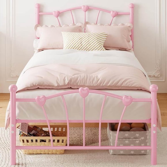 Ourlova Cadre de Lit Simple Rose pour Enfants, Cadre de Lit Simple avec Tête et Pied de Lit en Forme de Cœur, Support à Lattes Métalliques Robustes, Silencieux