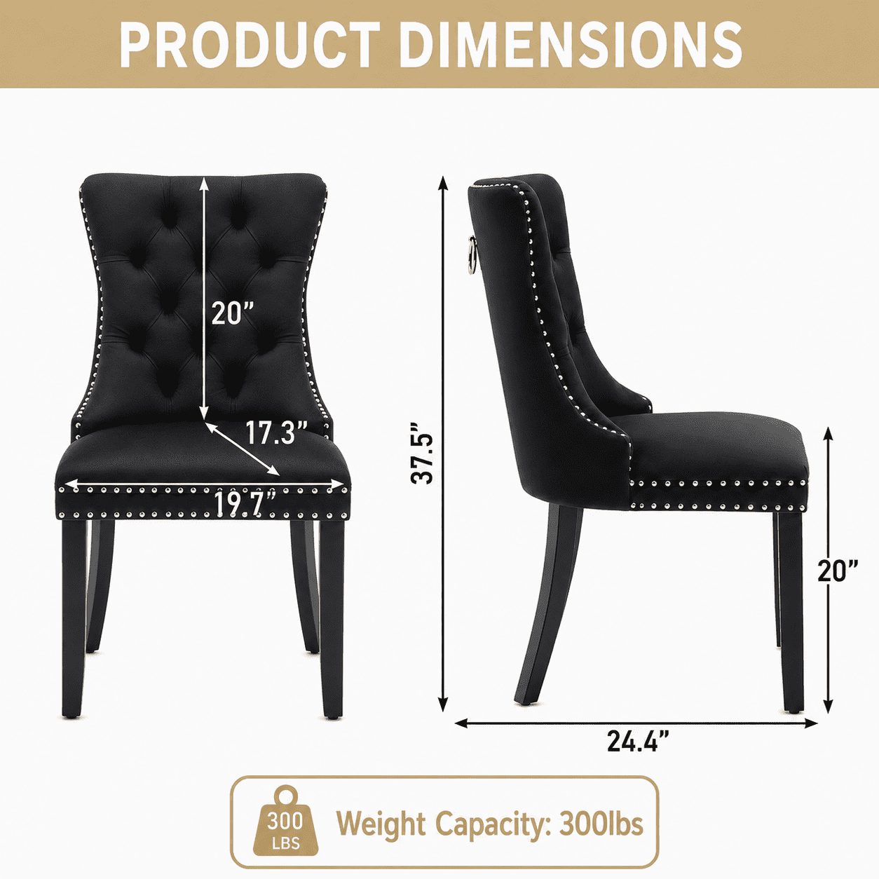 LegaHome Dining Chairs Set of 2, Velvet Upholstered Dining Chair with Nailhead Trim&Solid Wood Legs, Button Padded Dining Chairs Set for Kitchen Dining Room Living Room, Black