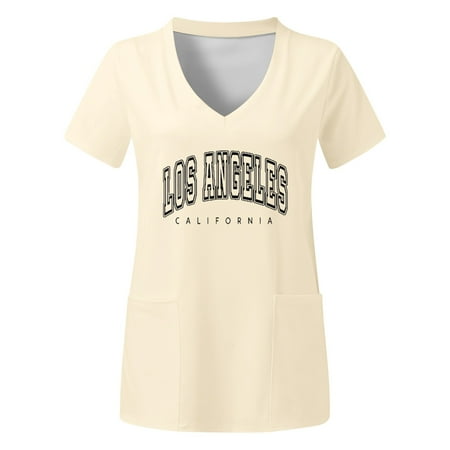 

Women Scrubs Tops Plus Size Top V Neck Short Sleeved Pockets Prints T Shirt Nurse Workwear