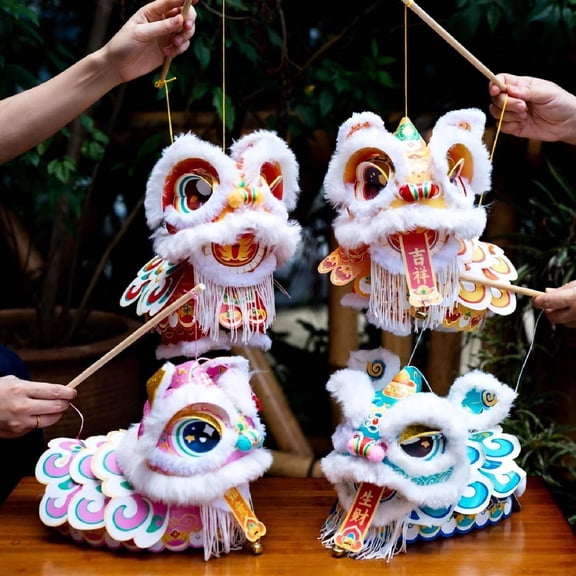 Lion Hanging Paper Lantern Chinese New Year DIY Lion Dance Lantern Kit Spring Festival Home Decoration with Light String Movable Ears Tail & Feet Gift for Chinese Craft Lovers(Blue)