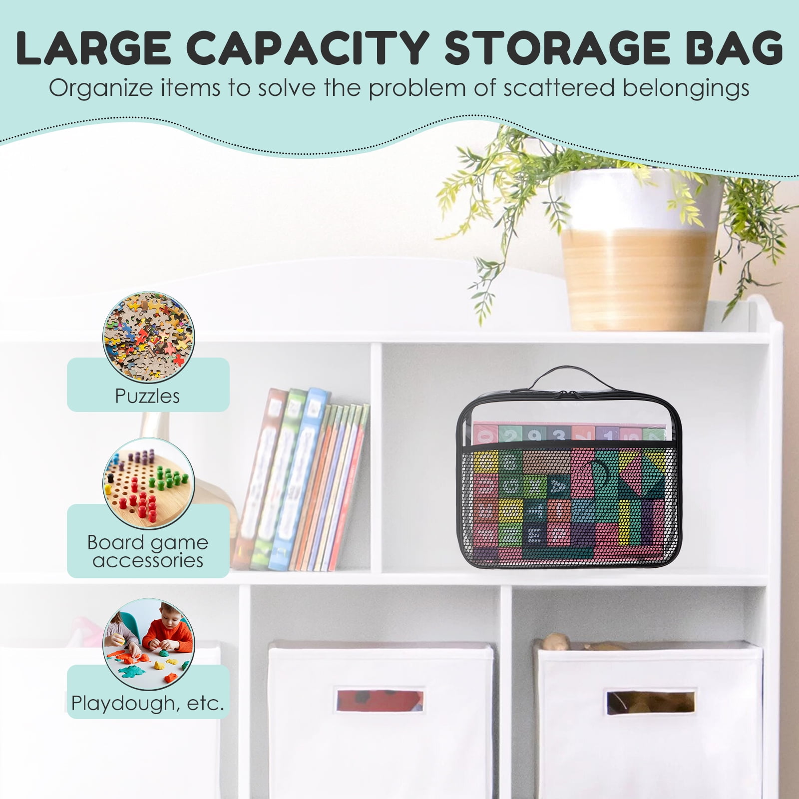 Grusce 4 Packs PVC Zippered Blocks Set Toy Storage Bag, Durable Waterproof Foldable Organizer, Board game Storage Organizer Case, Portable Playroom Cleanup Solution for Toys, Books, Art Supplies