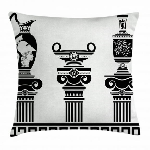 Toga Party Throw Pillow Cushion Cover, Set of Hellenic Vases and Ionic Columns Artistic Design Amphora Antiquity, Decorative Square Accent Pillow Case, 16 X 16 Inches, Black and White, by Ambesonne