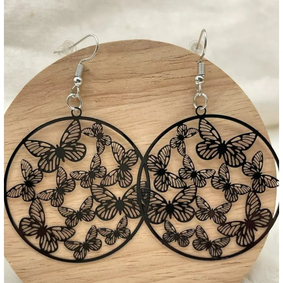 Trendy 2 3/4" pierced silver and black round dangle butterfly earrings