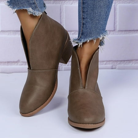 

Vintage Women Slip On Boots Pointed Toe Round Head Thick Heel Short Shoes