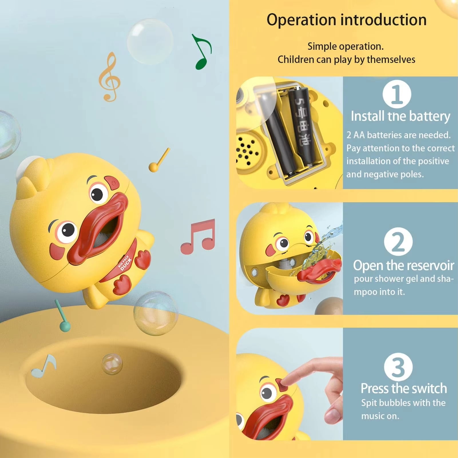 Electric Bubble Machine for Bath – Continuous Bubble Blower, Duck Shape with Music, Suction Cup, Battery Operated