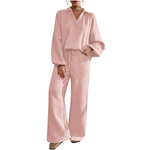 Women's Knitted Sweater 2 Piece Sets Loose Casual Lounge Tracksuit Lapel V Neck Top and Sweatpant Pants Outfits (XL, Pink)