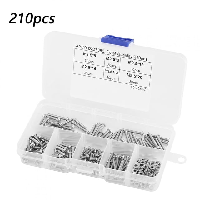 210PCS M2.5 Stainless Steel Round Head Bolts and Hex Nuts Screw Connector Fastener