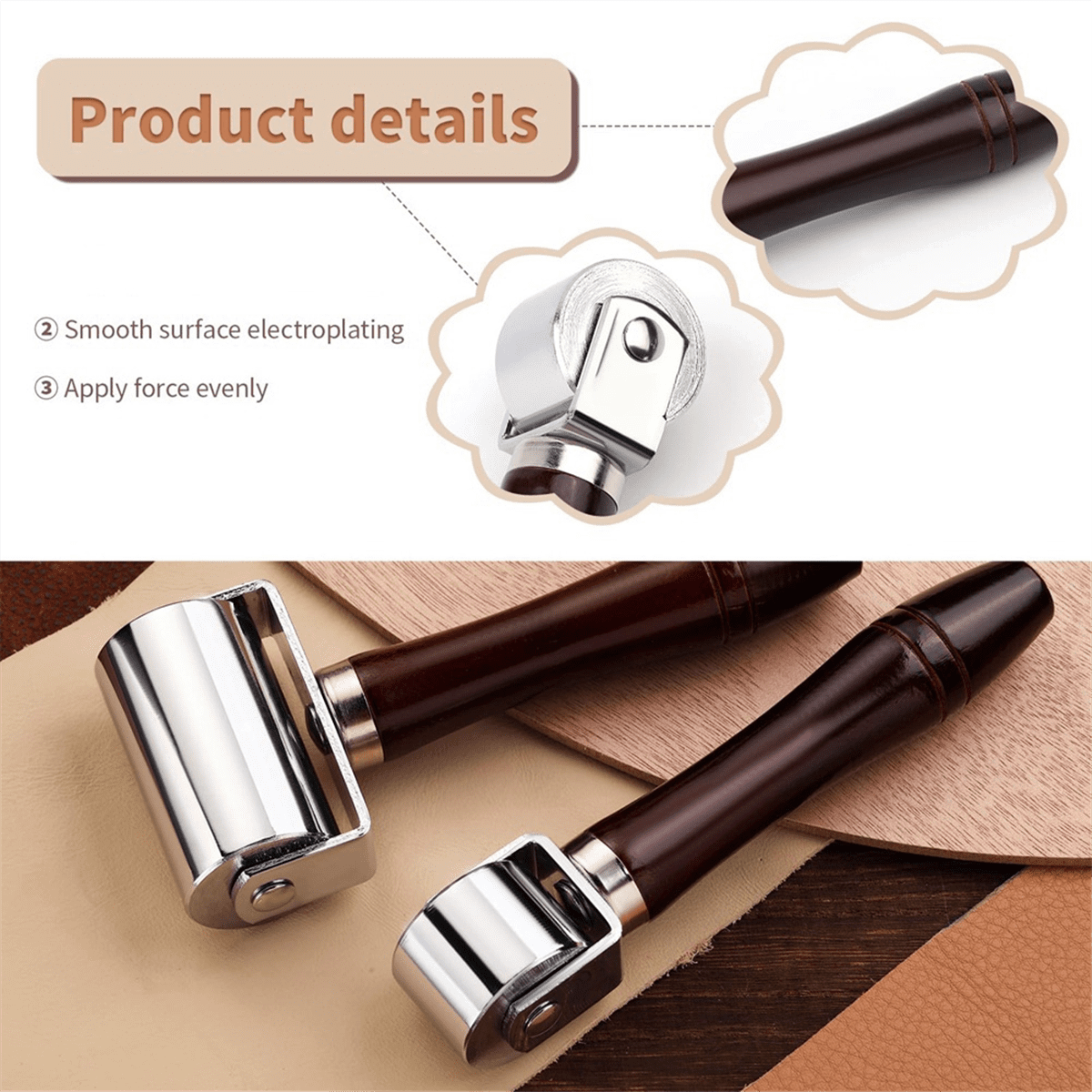 26mm+60mm Leather Edge Roller, Wooden Handle Leather Rolling Craft Roller, Seam Roller for Leather
